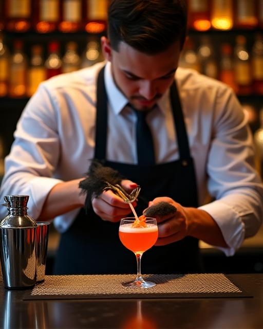 A skilled mixologist crafting a bespoke cocktail at the elegant bar area.