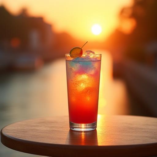 A vibrant signature cocktail on a polished wooden table overlooking the tranquil river at sunset.
