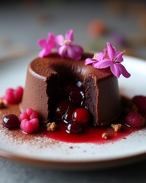 An elegantly plated artistic chocolate lava cake dessert, adorned with edible flowers and berry coulis.