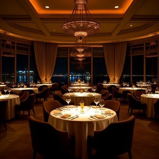The main dining room illuminated at night, showing soft lighting and exquisite table settings.