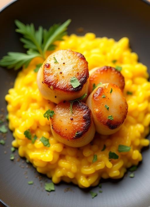 Pan-seared scallops with saffron risotto, garnished with fresh herbs.