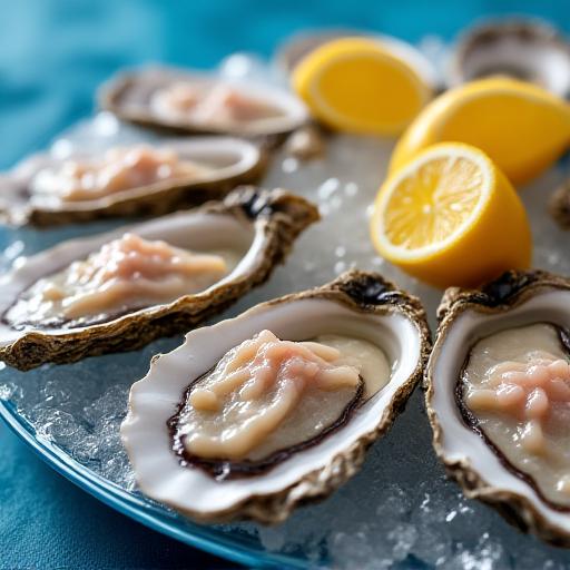 A gleaming platter of fresh, shucked oysters on ice, garnished with lemon wedges.