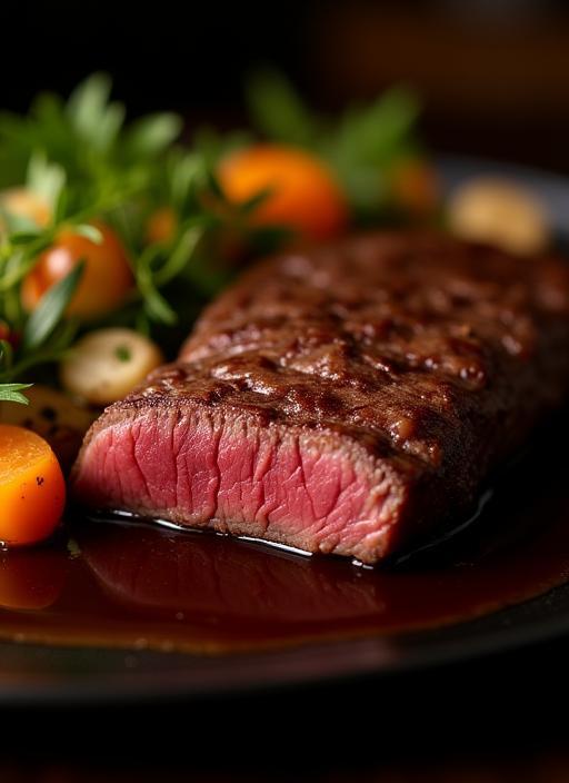A perfectly cooked Wagyu steak main course, sliced and served with seasonal vegetables and reduction sauce.