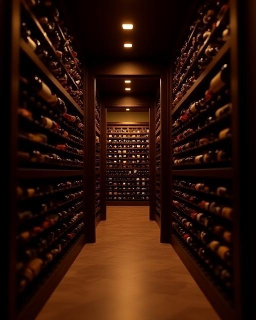 A glimpse into the well-stocked, warmly lit wine cellar, showcasing a premium selection.