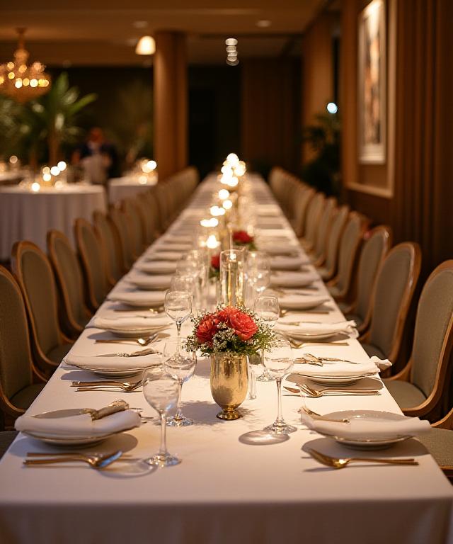 A long table elegantly set for a private dinner event at Estuary Fine with fine cutlery and floral arrangements.