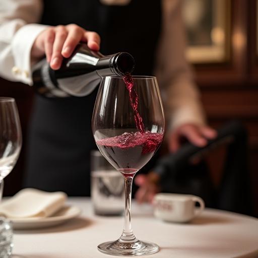 Sommelier carefully pouring a glass of red wine for a guest.